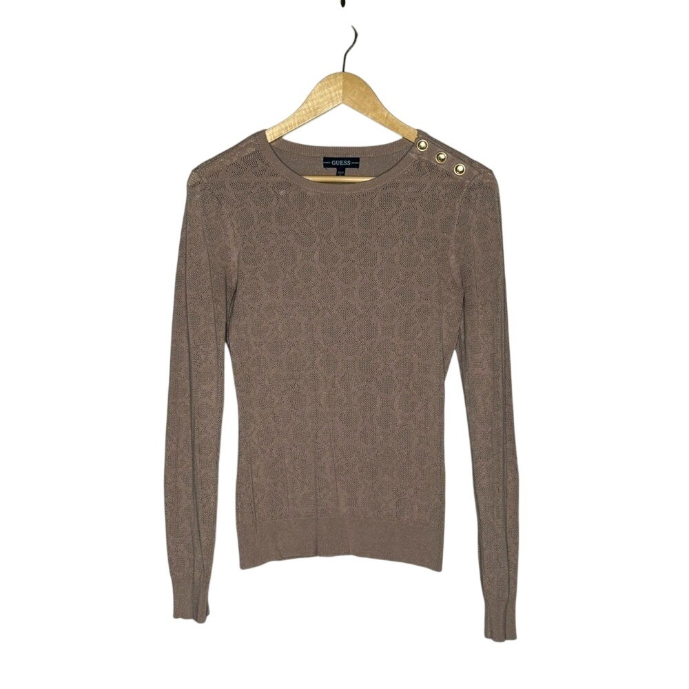 GUESS‎ Logo Knit Sweater Women's M Tan Gold Button Shoulder Lightweight